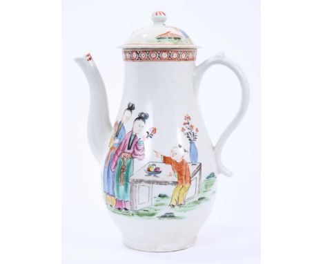Fine Lowestoft coffee pot and cover, painted in the Mandarin style with two ladies and a boy at a table with a vase of flower