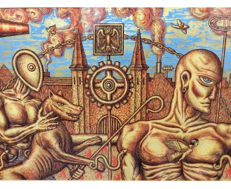 Murray Robertson (1961) silkscreen and gilt on paper - Mythical figures before a fortress, in glazed frame, 38cm x 56cm NB: R