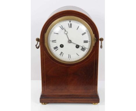 Late Victorian inlaid mahogany dome topped mantel clock with white enamel dial, French movement striking on gong, raised on g