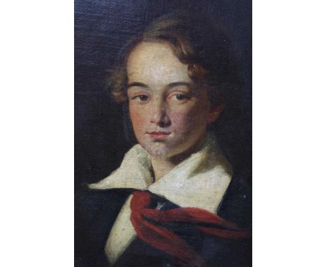 Early 19th century French School, A bust portrait of a young man, oval, oil on canvas laid on board, in gilt frame, 54 x 44cm