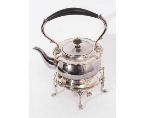 Early 20th Century Silver plated spirit kettle of cauldron form, with domed cover, ebony finial and handle, separate stand ra