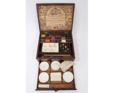 Rare George III Reeves &amp; Sons mahogany artist’s box with original ornate trade label “Reeves &amp; Sons Colour Manufactur