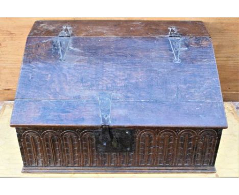 17th century oak Bible box with hinged sloping fall enclosing interior with shelf and lunette carved frieze, 56cm wide x 40cm