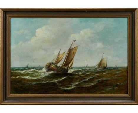John Moore of Ipswich (1820-1902) oil on panel - seascape with fishing boats, signed, 29cm x 45cm, in gilt frameProvenance: T