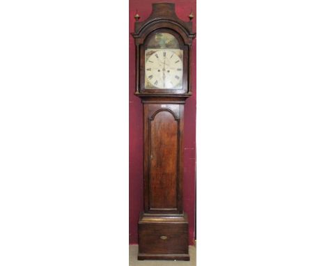 19th century eight day longcase clock by J.A.Elrick, Kirkwall, with painted arched dial with subsidiary seconds and date, in 