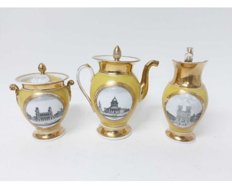 A Paris porcelain yellow ground coffee service, decorated en grisaille with Paris landmarks, including coffee pot, milk jug, 