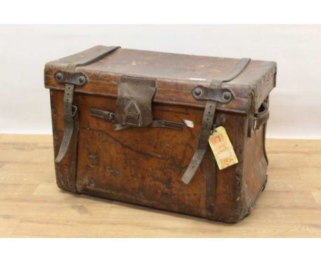 Late 19th century Peal &amp; Co leather trunk, named to the top for J. J. Redman, Royal Scots Greys, impressed makers details