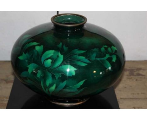 Mid 20th century Japanese bulbous cloisonné vase with foliate ornament on green ground, 18cm high, raised on perspex base in 