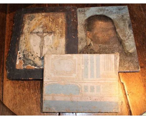 Antique probably Eastern European oil on panel, the crucifixion, in distressed state, 44 x 38cm, together with an early oil o