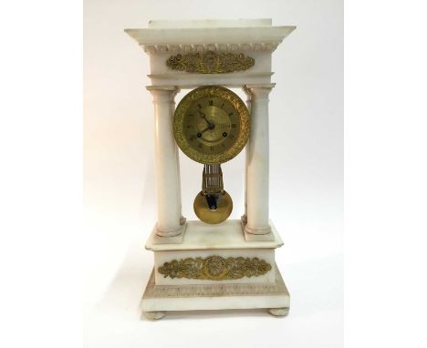 Fine 19th century French portico mantle clock with white alabaster case and ormolu dial and mounts, the dial signed 'Cailette