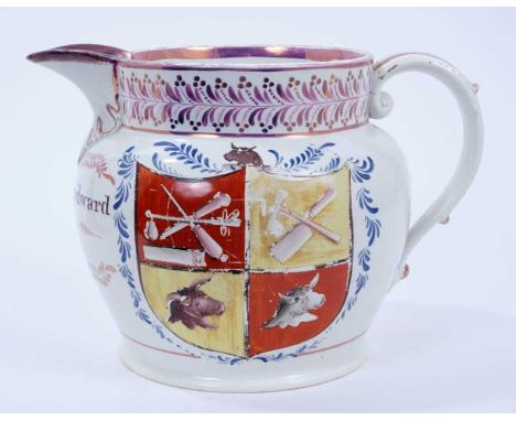 Sunderland lustre jug, inscribed to the front 'Thomas Woodward 1824', painted in enamels on one side with an armorial crest c