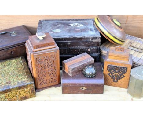 Group of 19th century and later decorative boxes including Japanese lacquered table cabinet, Georgian elm strong box and othe