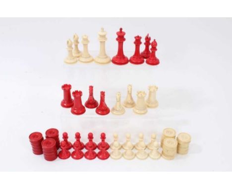 Fine 19th century Jaques, Staunton pattern, white and red stained ivory chess set, white king stamped on base “Jaques London”