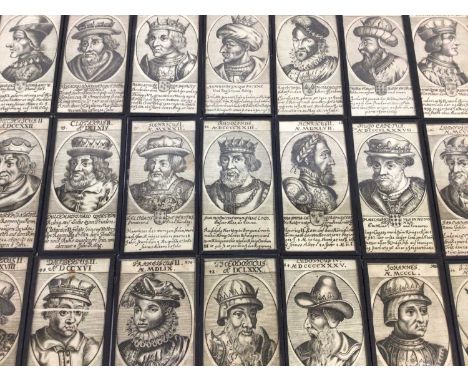 Collection of sixty-seven 17th/18th century black and white portrait engravings depicting Historical figures, each 12.5cm x 6