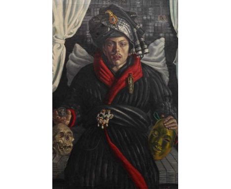 Robinson, mid 20th century, oil on canvas - portrait of a bejewelled theatrical figure, seated wearing a turban, a scull besi