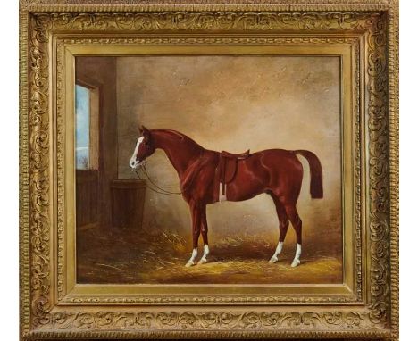 Henry Barraud (1811-1874) oil on canvas - a bay horse in a stable, signed, in gilt frame, 51cm x 61cmCondition report: Re-lin