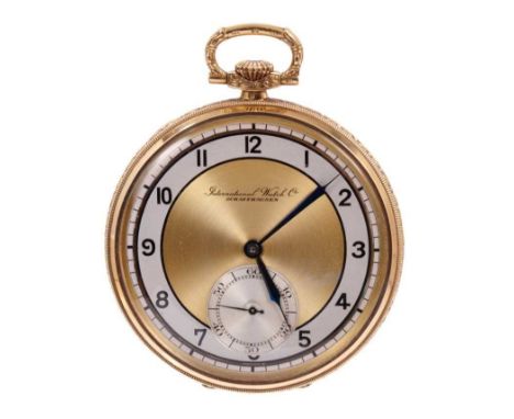 Art Deco IWC 14ct gold pocket watch, the dial with subsidiary seconds dial, signed International Watch Co, Schaffhausen, butt
