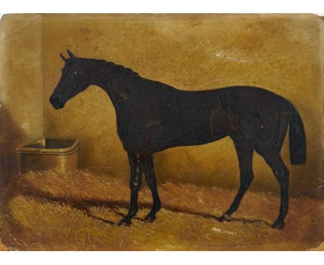 Mid 19th century English School oil on board - 'Ellington' a dark bay racehorse in a stable, initialled within the trough J.F