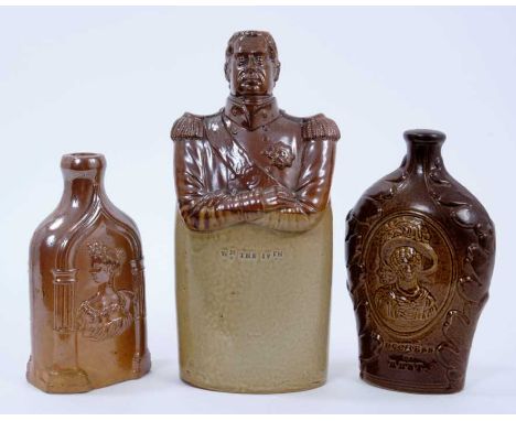 Three Royal commemorative salt glazed stoneware flasks, the largest representing William IV with impressed title below, and i