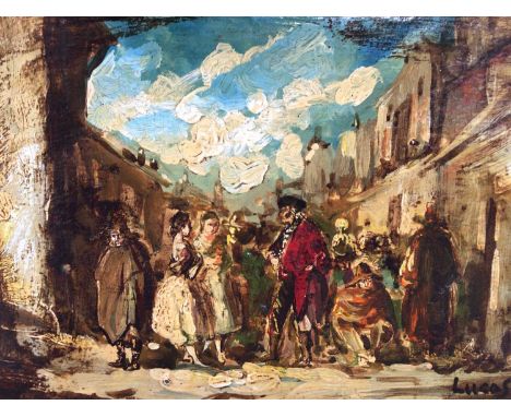 Eugenio Lucas Velasquez (1817-1870), oil on panel, A street scene with many figures, signed Lucas, unframed, 16 x 22cm