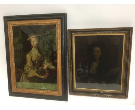 18th century print on glass of a lady with flowers in classical garden entitled 'Spring' after J.Williams in gilt and ebonise