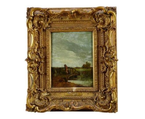 Circle of John Constable (1776-1837) oil on mahogany panel - figure standing on a bridge, in good gilt frame, 21cm x 16cmProv