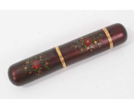 19th century French lacquered and gilt metal mounted cylindrical scent bottle, decorated in flowers in colours and metal inla