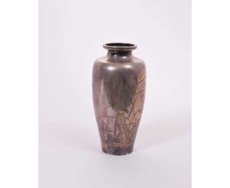 Japanese late Meji period vase of tapered cylindrical form with engraved decoration depicting a Kingfisher amongst reeds, wit