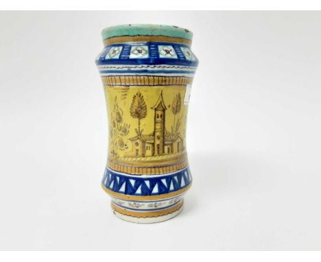 19th century Italian maiolica albarello, painted with a scene containing birds and a rabbit, patterned bands on either side, 