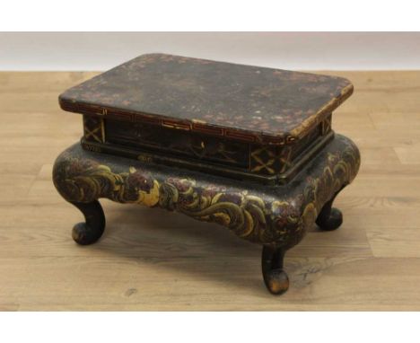 19th century Japanese black lacquered urn stand, with rectangular top above frieze decorated with storks and bulbous apron de