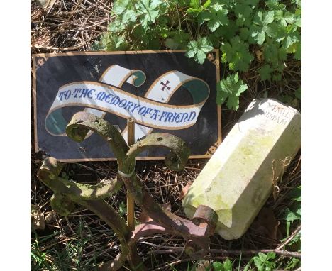 19th century Mintons ceramic tile emblazoned ’To The Memory Of A Friend’, 31cm wide, together with an Italian carved carrera 