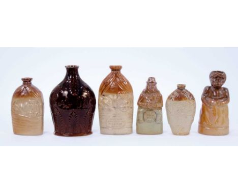 Collection of five 19th century salt glazed stoneware flasks and one lead glazed flask, including one with Old Tom, and two w