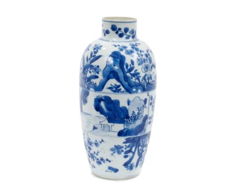 Chinese blue and white porcelain vase, 17th/18th century, of ovoid form, decorated with horizontal bands containing birds, fl