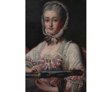 19th century, English School oil on canvas - portrait of a lady at her work, in gilt frame, 29cm x 23cmProvenance: The descen