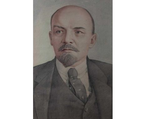 Early 20th century coloured pencil, charcoal and watercolour portrait of Vladimir Lenin, in glazed frame, 77.5cm x 57.5cmProv