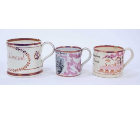 Three Sunderland lustre mugs with inscriptions including local interest, the first reading 'Elizabeth Chaston Almond - Aldbro