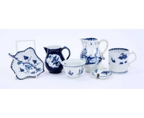Collection of Lowestoft blue and white pieces, including a coffee can, painted with a pagoda beneath a willow tree, a toy suc