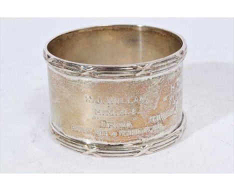 First World War interest- Edwardian silver napkin ring, engraved 'R. J. Willan' and with the names of First World War Hospita