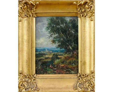 Follower of John Constable (1776-1837), 19th century, oil on board - The Dedham Vale, inscribed verso, in gilt frame, 19cm x 