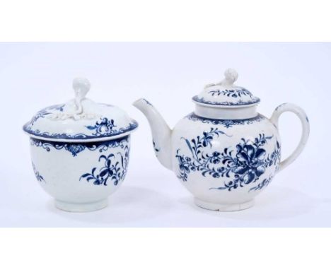 Lowestoft teapot and sucrier, both painted in the Mansfield pattern with flower finials, the teapot of globular form with cre