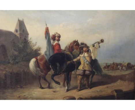 19th century, Continental School, oil on panel - Gathering Troops, in gilt frame, 33cm x 41cmProvenance: The Robert Barley Co