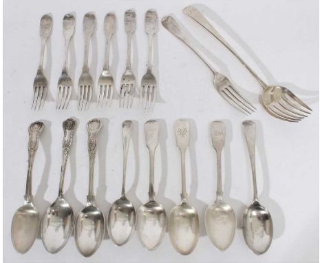 Victorian silver fiddle pattern desert spoon, (London 1846) together with other Georgian and later silver flatware to include