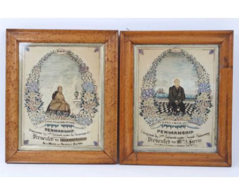 Highly unusual pair of Victorian ‘specimen of penmanship' satin panels, the first inscribed 'Penmanship originated by Jno. Pi