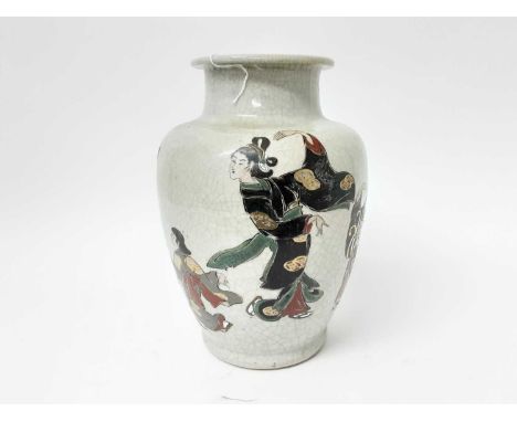 Large Japanese Satsuma crackle vase, decorated with dancing figures, 30.5cm high