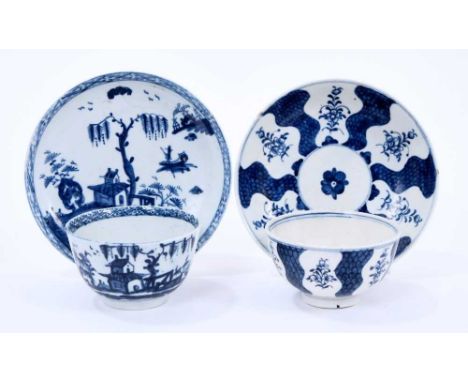 Two sets of Lowestoft tea bowls and saucers, the first painted in blue with the Robert Browne pattern, saucer 11.8cm diameter