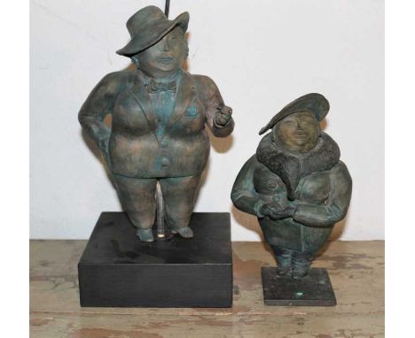 English School, second half 20th century, pair of bronzed ceramic figures of buxom women wearing broad rimmed hats, one raide