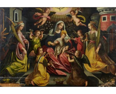18th/19th century Continental School oil on panel - The Madonna and Child with Attendants, unframed, 74cm x 105cmProvenance: 