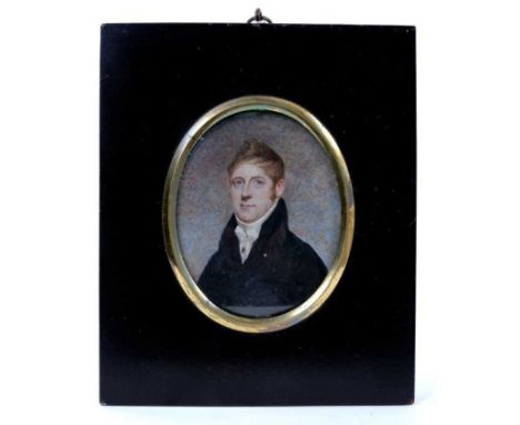 English School, circa 1810, good quality portrait miniature on ivory of a Gentleman, wearing blue coat and white cravat, unsi