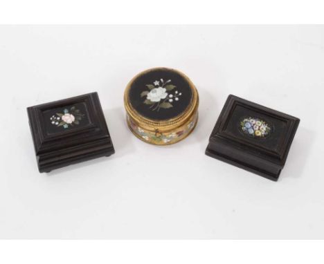 19th century Continental pietra dura inlaid ebonised stamp box, rectangular form on bun feet, 6cm wide, together with a circu