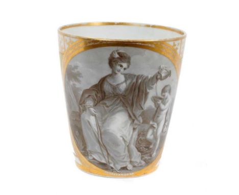 A very finely painted Chamberlain's Worcester beaker, circa 1795, painted en grisaille with two oval panels, one entitled 'Te